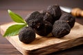 Black Truffles On Wooden Board, Rustic