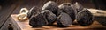 Black Truffles On Wooden Board, Rustic Panoramic Banner