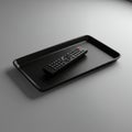 A black TV remote control rests on a rectangular black tray with raised edges. The Royalty Free Stock Photo