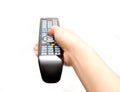 Black TV remote in hand Royalty Free Stock Photo