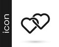 Black Two Linked Hearts icon isolated on white background. Romantic symbol linked, join, passion and wedding. Valentine Royalty Free Stock Photo