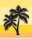 Black Two Palm Tree with Leaves Silhouette Vector Drawing.Tropical leaf stencil shadow on sunny yellow background