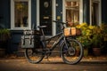 Black two-wheeled cargo bike with bags on the street Royalty Free Stock Photo