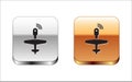 Black UAV Drone icon isolated on white background. Military Unmanned aircraft spy. Silver-gold square button. Vector