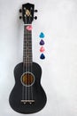 Black ukulele and multi-colored mediators on a light background