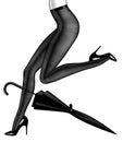 Black umbrella and naked legs of woman in black pantyhose and high-heeled glossy shoes