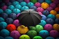 A black umbrella peeks out from a sea of rainbow umbrellas.