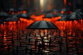 Black umbrellas blend, red stands alone - city background