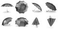 Black umbrellas and parasols in various positions open and folded collection. 3d rendering