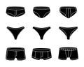 Black underpants. Woman and men underpants. Personal underclothing apparel. Classic boxers, trunks, bikini, strings