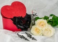 Black underwear knickers in gliter red box heart shaped perfume white roses juwelery  on white background Royalty Free Stock Photo