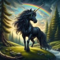 Black Unicorn, green eyes, forest environment and background