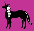 Black unicorn silhouette on colorful pink background. Fantasy horse silhouette