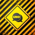 Black Uno card game icon isolated on yellow background. Warning sign. Vector