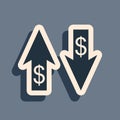Black Up and Down arrows with dollar symbol icon isolated on grey background. Business concept. Long shadow style Royalty Free Stock Photo