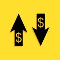 Black Up and Down arrows with dollar symbol icon isolated on yellow background. Business concept. Long shadow style Royalty Free Stock Photo