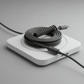 A black USB-C cable is neatly coiled and placed on top of a sleek, white square Royalty Free Stock Photo