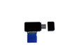 Black Usb card reader with blue sd card on white background or isolated