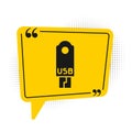 Black USB flash drive icon isolated on white background. Yellow speech bubble symbol. Vector Illustration Royalty Free Stock Photo
