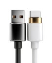 Black USBA Connector and White Lightning Connector Cables Side by Side charging Royalty Free Stock Photo