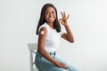 Black Vaccinated Female Showing Shoulder With Patch And Ok Gesture Royalty Free Stock Photo