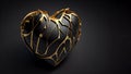 Black Valentine Heart with golden cracks on black background created with Generative AI