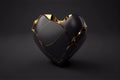 Black Valentine Heart with golden cracks on black background created with Generative AI