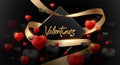 Black Valentine`s Day background with 3d hearts in red and black. Vector illustration. Love the cute banner or greeting card. Gol Royalty Free Stock Photo