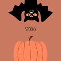 Black vampire bat with creepy eyes and orange pumpkin hand drawn vector illustration. `Spooky` greeting card. Royalty Free Stock Photo