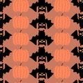 Black vampire bat and orange pumpkin hand drawn vector illustration. Halloween seamless pattern. Royalty Free Stock Photo