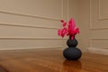 Black vase with decorative artificial red ears branches on brown table, wall background. Interior design detail close up shot Royalty Free Stock Photo