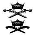 Black vector design set of crossed dueling pistols with royal crown Royalty Free Stock Photo