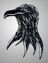 Black vector eagle head with feather. Hand painted animal background, patriot symbol, logo