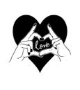 Black vector heart icon silhouette.Female Hands Making Heart Gesture.