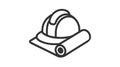 A black vector icon of a construction helmet resting on rolled blueprints