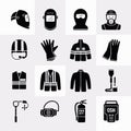 Black vector icons of construction safety equipment and tools on light gray background personal protective equipment Royalty Free Stock Photo
