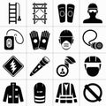Black vector icons of construction safety equipment and tools silhouette minimalistic Royalty Free Stock Photo