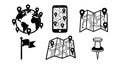 Black vector icons set featuring globe with location pins and smartphone map with navigation pins in flat design style Royalty Free Stock Photo