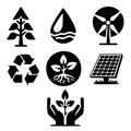 Black vector icons silhouettes symbols signs related ecology, nature conservation, lifestyle. Tree, wind turbine, water droplet,