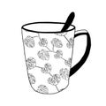 Black Vector illustration of a cup for hot tea or coffee with monstera leaves pattern and a spoon on a white background Royalty Free Stock Photo
