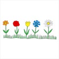 Black Vector illustration of a group of five colored different flowers with leaves and grass isolated on a white