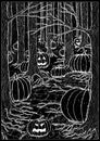 Black vector illustration with path or trailway, scary pumpkin head and lanterns hiding behind the gloomy trees in dark forest or