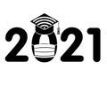 2021 Graduate cap with Wi-Fi badge, face mask are symbols of quarantined distance learning graduates due to the quarantine associa