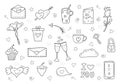 Black vector items, set Valentine's day and weddings icons doodle. Design for prints, cards and coloring page. Royalty Free Stock Photo