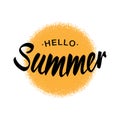 Black Vector Lettering Hello Summer with yellow sun halftone circle isolated on white background. Royalty Free Stock Photo