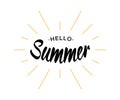 Black Vector Lettering Hello Summer with yellow sun rays isolated on white background. Royalty Free Stock Photo