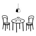 Black Vector outline illustration of a dining room with a table and kettle cups and a pair of chairs and a electric lamp Royalty Free Stock Photo