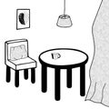 Black Vector outline illustration of a room with a table with a cup and a chair with a pillow and a lamp and a curtain with a