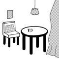 Black Vector outline illustration of a room with a table with a cup and a chair with a pillow and a lamp and a curtain with a