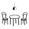 Black Vector outline illustration of a room with a table and a pair of chairs and a electric lamp on a white wall Royalty Free Stock Photo